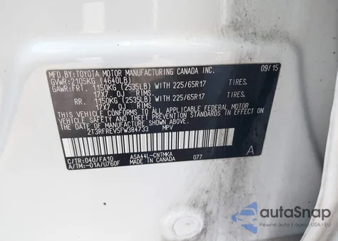 2015 Toyota Rav4 Xle z USA, uszkodzony, nr VIN 2T3RFREV5FW384733